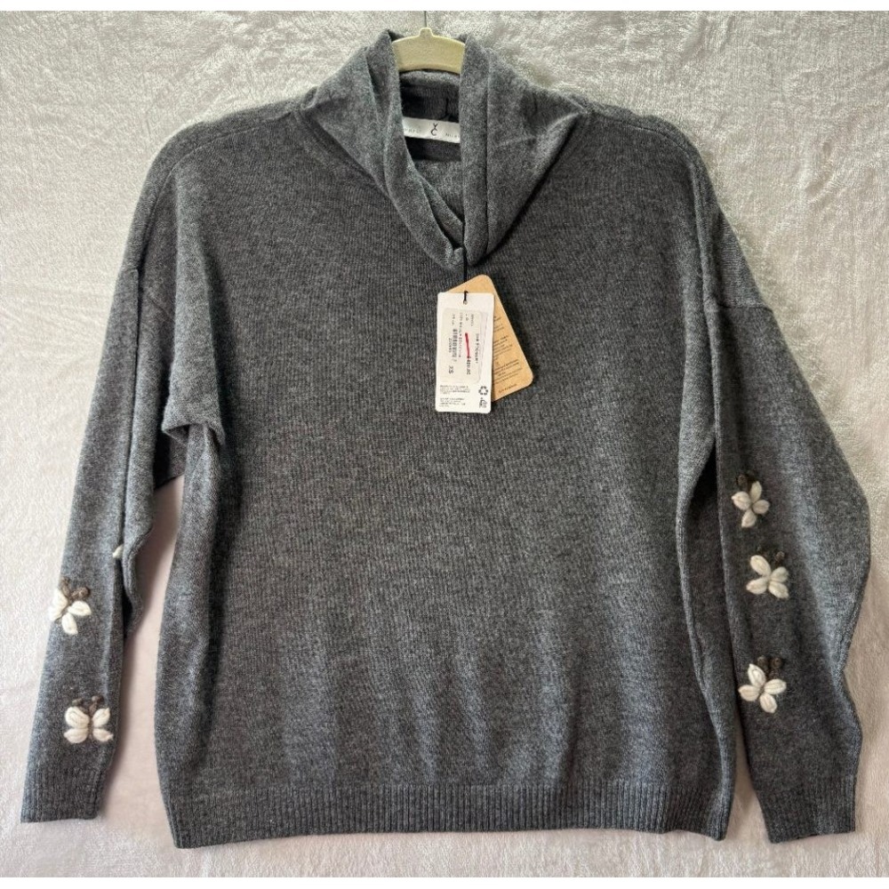 WHYCI Milano 100% Wool Gray Cowl Neck Sweater Floral Embroidery Sleeve XS Italy